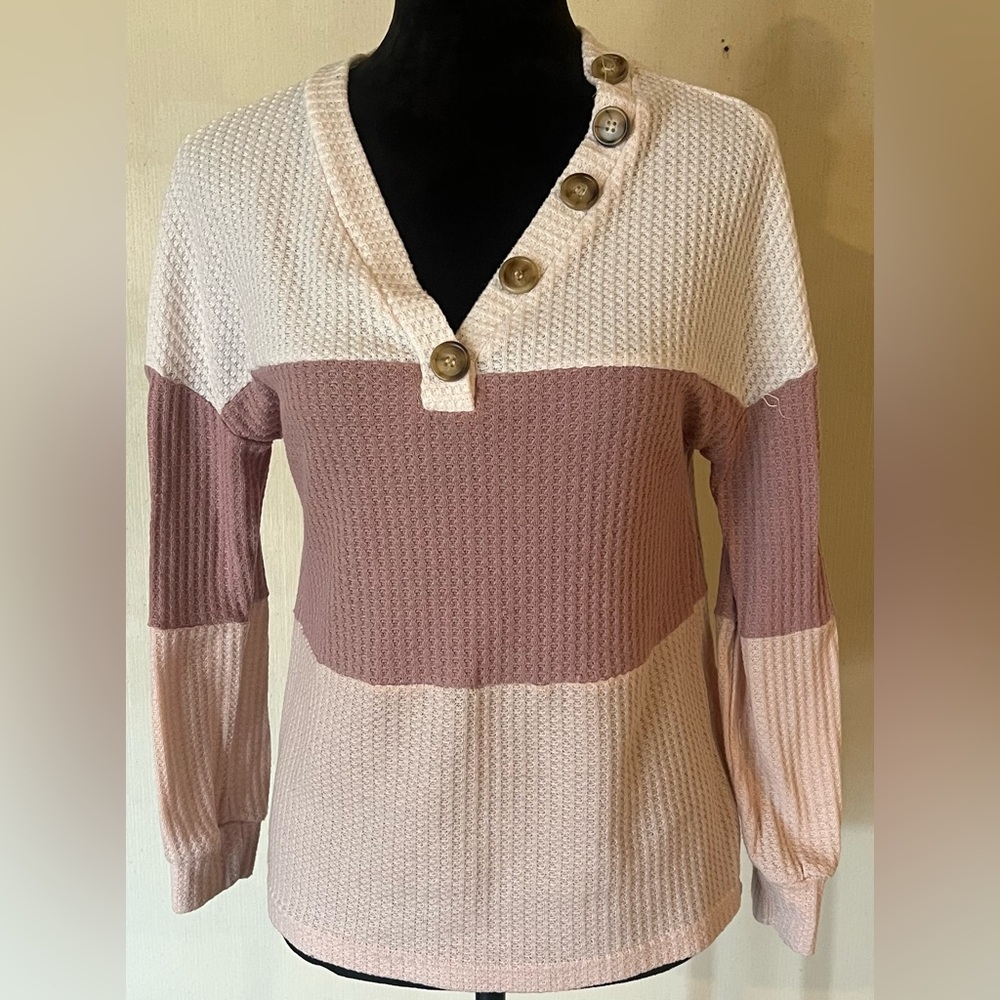 Women's Pink and Cream Button Waffle Shirt